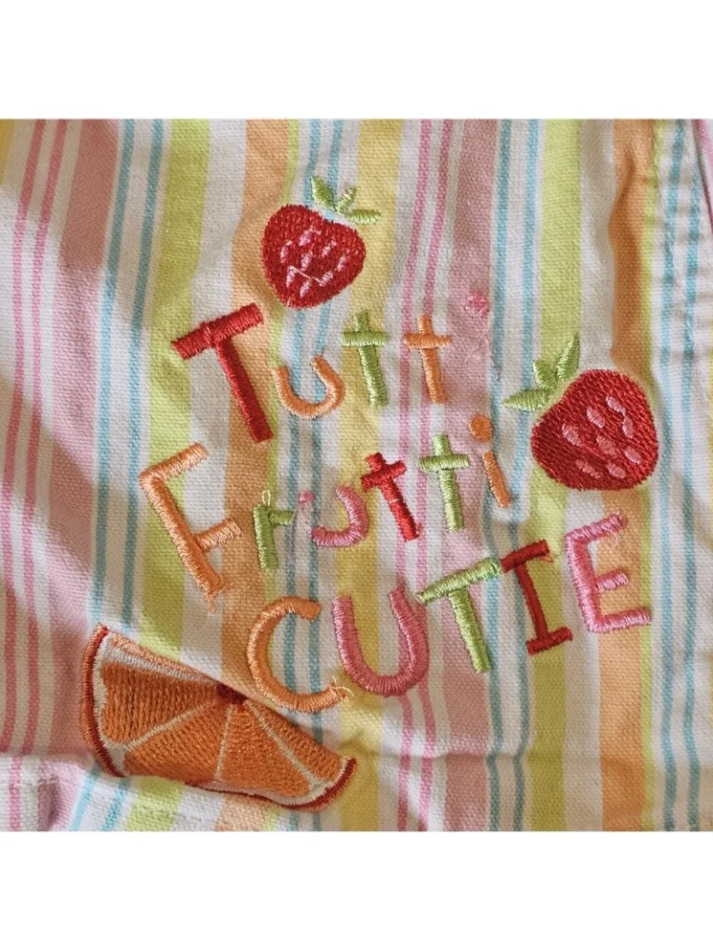 Y2K Vtg Strawberry‎ Shortcake Bib Overall Dress Denim Rainbow Striped Sz 5